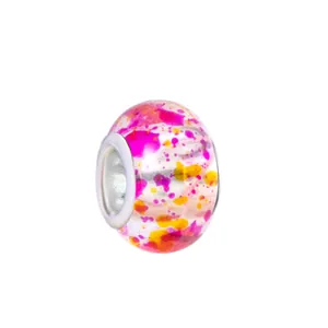 Polished silver ink pattern glass charm bead for DIY bracelets with vibrant floral accents