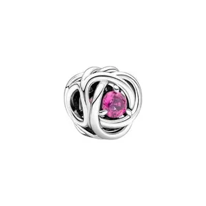 Silver woven hollow bead charm with a centered pink faceted gemstone for DIY jewelry