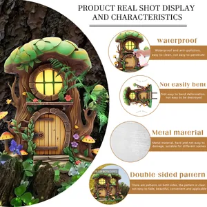 Detail of mushroom fairy house garden stake showing double-sided waterproof metal design