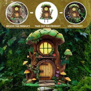 Macro shot of 3D fairy house garden stake with resin bark texture and glowing window