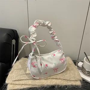Women's Sweet Floral Ribbon Bow Ruched Handle Underarm Bag Vintage Rose Print Nylon Small Hobo Bag Trendy Shoulder Handbag