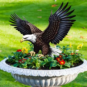 Detailed garden stake featuring a bald eagle soaring over a decorative stone flower pot