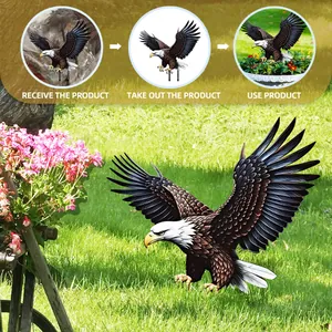 Three-step guide for eagle garden stake showing unboxing and realistic metal bird decor