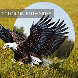 Detailed view of the double-sided painted eagle garden stake with realistic feather textures