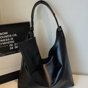 Women Large Capacity Hobo Bag Urban Minimalist PU Leather Shoulder Tote Bag With Hanging Pouch Retro Daily Commute Bag
