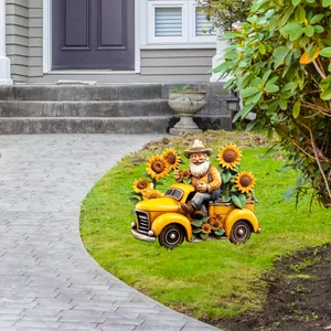 Garden gnome driving yellow pickup truck flower garden stake for outdoor lawn decoration