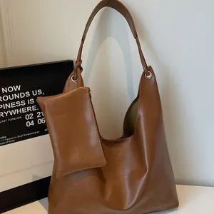 Brown retro large capacity PU leather shoulder bag with matching inner pouch for women