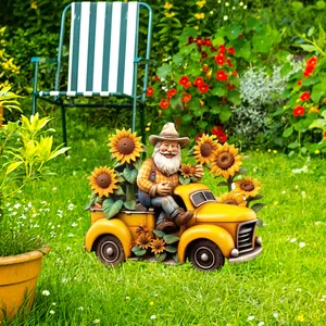 Detailed garden gnome on yellow truck stake with sunflowers for outdoor yard decoration