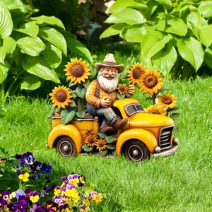 Garden gnome decoration with yellow vintage truck and sunflowers in high detail