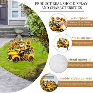 Detail of metal garden gnome driving a yellow truck with sunflowers and waterproof texture