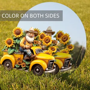 Detail of garden gnome in yellow sunflower truck with double-sided color printing