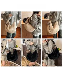 Hobo plush tote bag with leopard print charm in beige and black shown on model