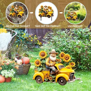 Garden gnome driving yellow pickup truck flower bed stake installation steps