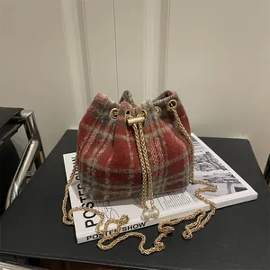 Women Plaid Woolen Bucket Bag Vintage Chain Crossbody Bag With Artificial Pearl Drawstring Tweed Handbag For Daily Shopping Gift