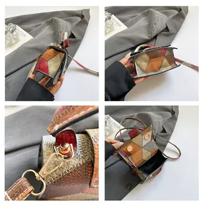Detailed views of the multi-color geometric patchwork handbag and gold metal hardware