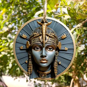 Detailed relief of a mythical goddess garden ornament hanging on lush green tree foliage