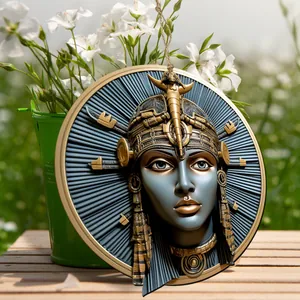 Detailed close-up of Egyptian relief wall plaque with golden headdress on a wooden surface
