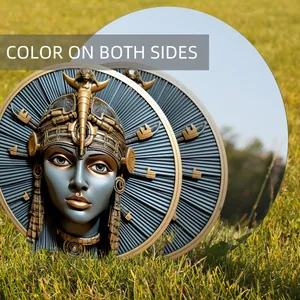 Detail of double-sided Egyptian queen iron garden stake with gold relief and blue textures
