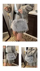 Detail of grey faux fur handbag showing pearl handle and gold chain strap textures