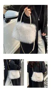 Detailed view of white faux fur handbag with pearl embellishments and gold chain