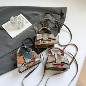 Women Retro Color Block Patchwork PU Leather Mini Square Bag Crossbody Shoulder Handbag Crocodile Snake Pattern Top Handle Purse