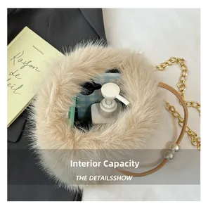 Detail showing the internal capacity of the plush bag with smartphone and lotion bottle
