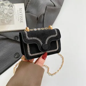 Korean Style Embroidered Mini Crossbody Bag For Women Faux Suede PU Leather Small Square Shoulder Bag With Gold Chain Strap