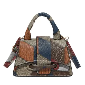 Retro multi-color patchwork square crossbody bag with faux crocodile skin texture and top handle