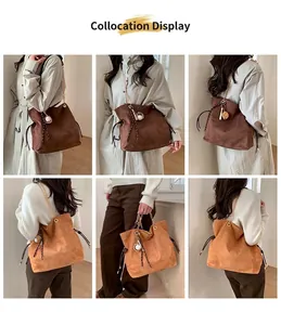 Dettagli della borsa tote vintage in finto scamosciato con coulisse e tracolla a catena