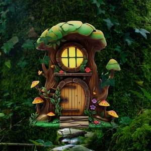 Fairy tree house garden stake with glowing window and mushrooms on mossy forest background