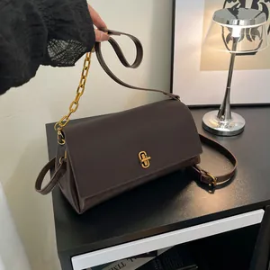 Women Fashion PU Leather Small Square Crossbody Bag Minimalist Flap Shoulder Bag Gold Metal Lock Chain Strap Commute Handbag