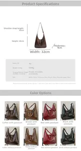 Detailed sizing chart and color variants for the retro large capacity PU hobo shoulder bag