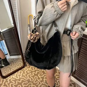 Women Faux Fur Plush Tote Bag Large Capacity Urban Simple Hobo Shoulder Bag With Leopard Heart Pendant Winter Handbag