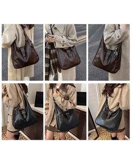Detailed views of vintage large capacity leather hobo bags with tassel and metal charms