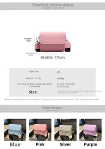 Detailed size guide and four color options for the minimalist PU leather crossbody bag