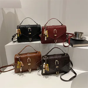 Retro crocodile pattern square handbags in black, burgundy, brown, and dark coffee colors