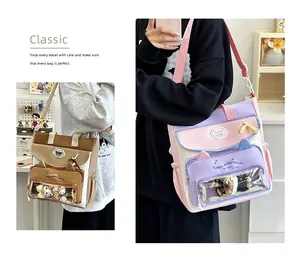 Detail of the large capacity crossbody bag featuring a transparent display window