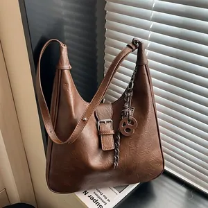 Vintage Large Capacity PU Leather Hobo Bag For Women Fashion Solid Color Shoulder Crossbody Bag With Belt Decoration