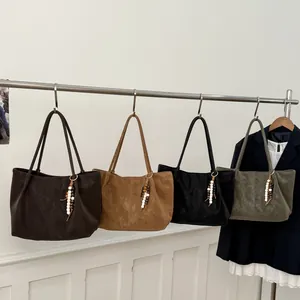 Retro Matte Faux Suede Tote Bag Large Capacity Minimalist Shoulder Bag With Wooden Bead Charm For Women Daily Commute