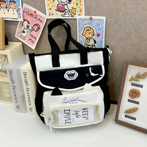 Large Capacity Nylon Color Block Ita Bag Clear PVC Window Tote Shoulder Bag With Cat Ears Student School Travel Women Handbag