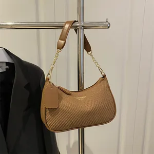 Sac Sous le Bras de Style Français pour Femmes avec Texture Tissée Sac Hobo d'Épaule en Cuir Synthétique avec Chaîne Or