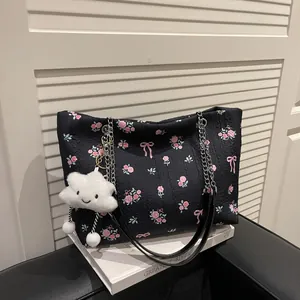 Women Floral Bowknot Tote Bag Textured Fabric Large Capacity Shoulder Bag With Metal Chain Strap And Optional Cloud Pendant