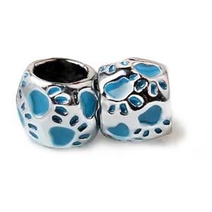 Perles cylindriques en argent avec empreintes de pattes en émail bleu pour bijoux DIY