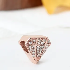 Rose gold diamond-shaped charm bead with zircon pavé setting for stylish bracelets