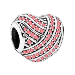 Silver heart charm bead with pink crystals and hollow design for DIY jewelry