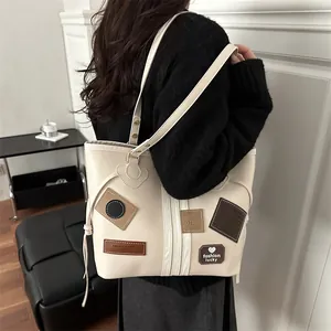 Large cream PU leather tote bag with vintage fashion patches for women daily commuting