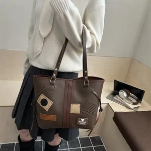 Brown faux leather tote bag with fashion lucky patches for women's daily commute
