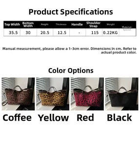 Detailed size chart and multi-color options for leopard print suede tote handbag