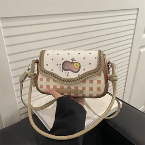 Chic plaid crossbody bag with apple embroidery and orange bow for women's fashion