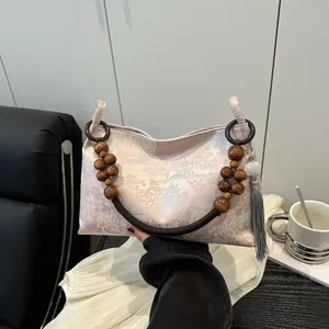 New Chinese Style Jacquard Embroidered Bucket Bag For Women Retro Landscape Pattern Handbag With Wooden Bead Handle Tassel Crossbody Bag
